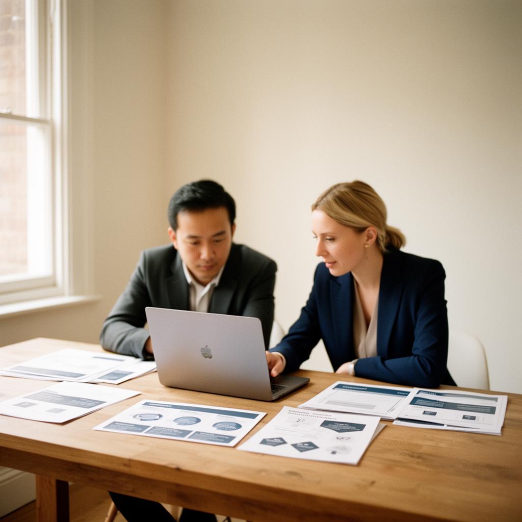 Two Amaloris marketers reviewing a client strategy together in a bright UK studio