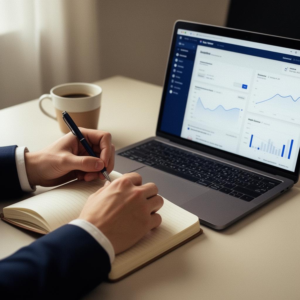 An Amaloris marketer taking notes next to an analytics dashboard on a laptop